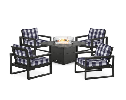 POLYWOOD® EDGE Sectional 5-Piece Deep Seating Set with Fire Pit Table in Black / Buffalo Plaid Navy