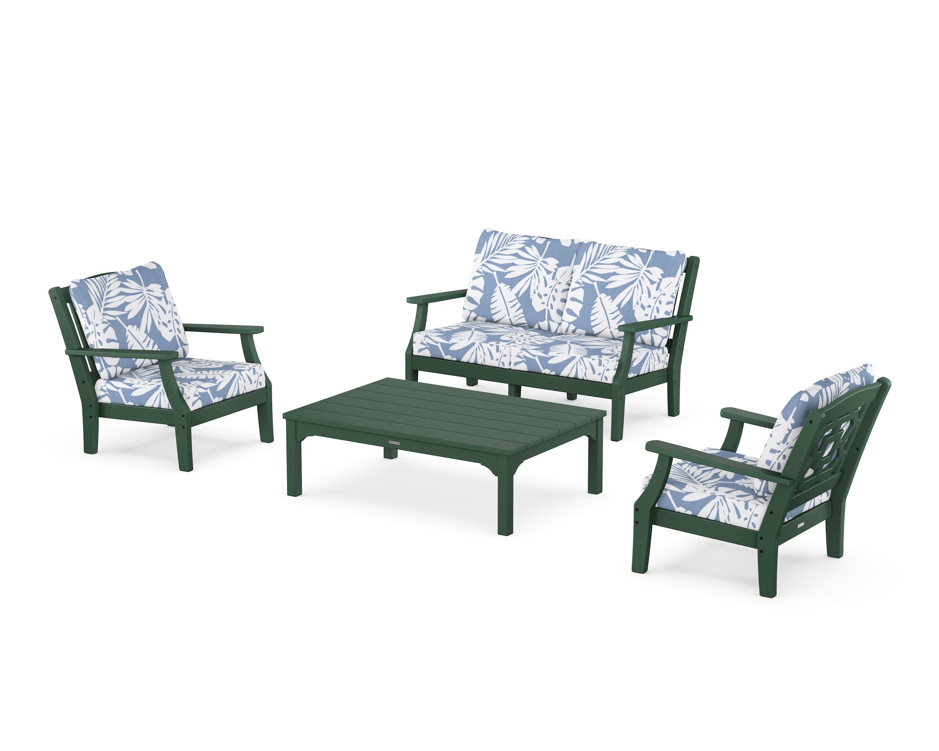 Martha Stewart by POLYWOOD® Chinoiserie 4-Piece Deep Seating Set with Loveseat in Green / Leaf Sky Blue