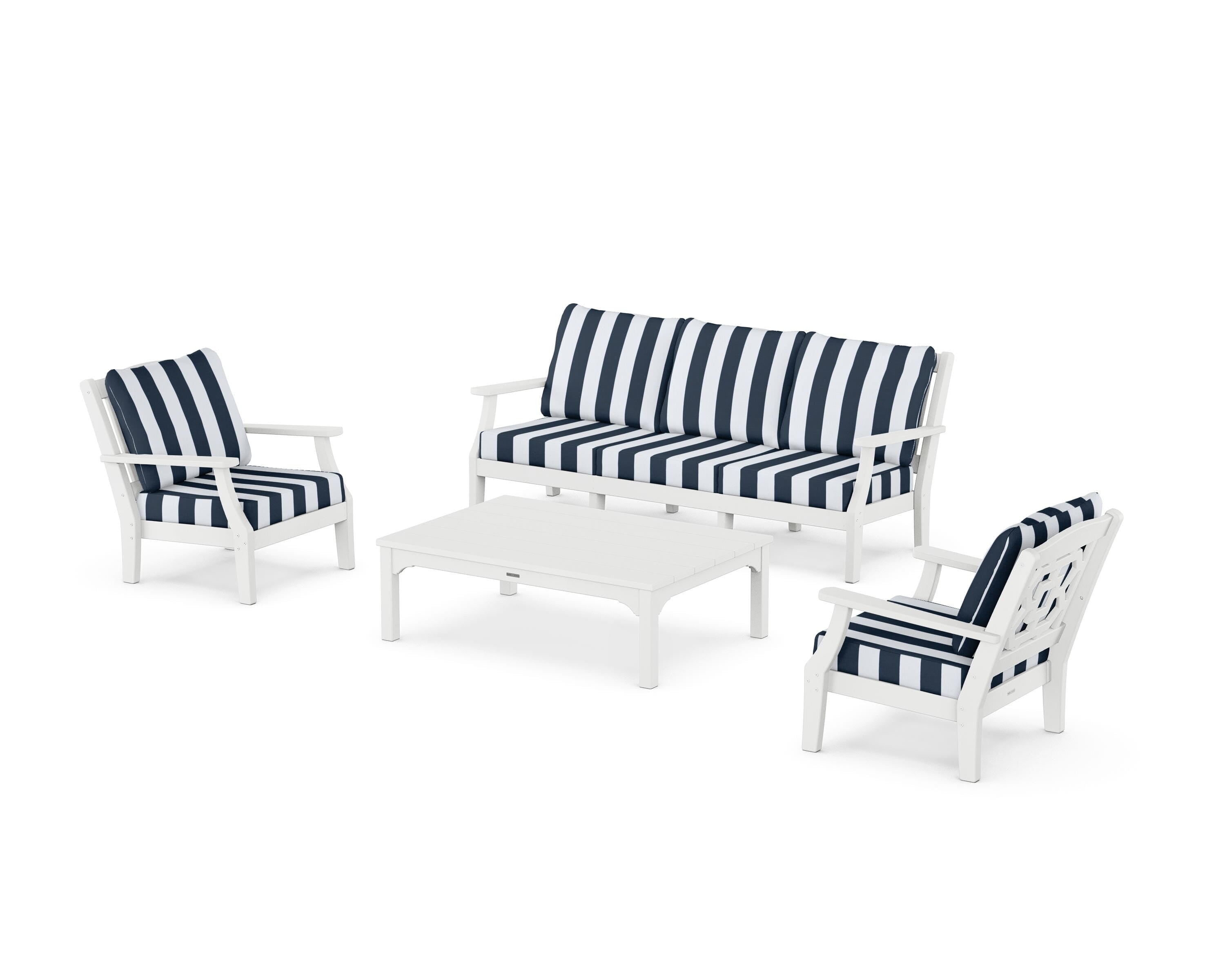 Martha Stewart by POLYWOOD® Chinoiserie 4-Piece Deep Seating Set with Sofa in White / Cabana Stripe Marine Indigo