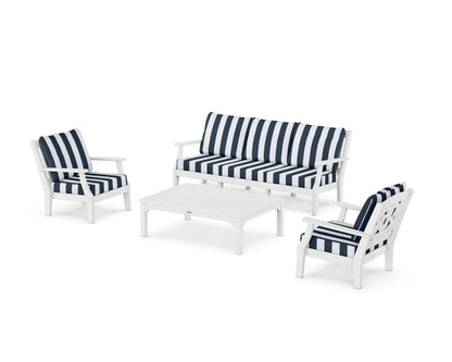 Martha Stewart by POLYWOOD® Chinoiserie 4-Piece Deep Seating Set with Sofa in White / Cabana Stripe Marine Indigo