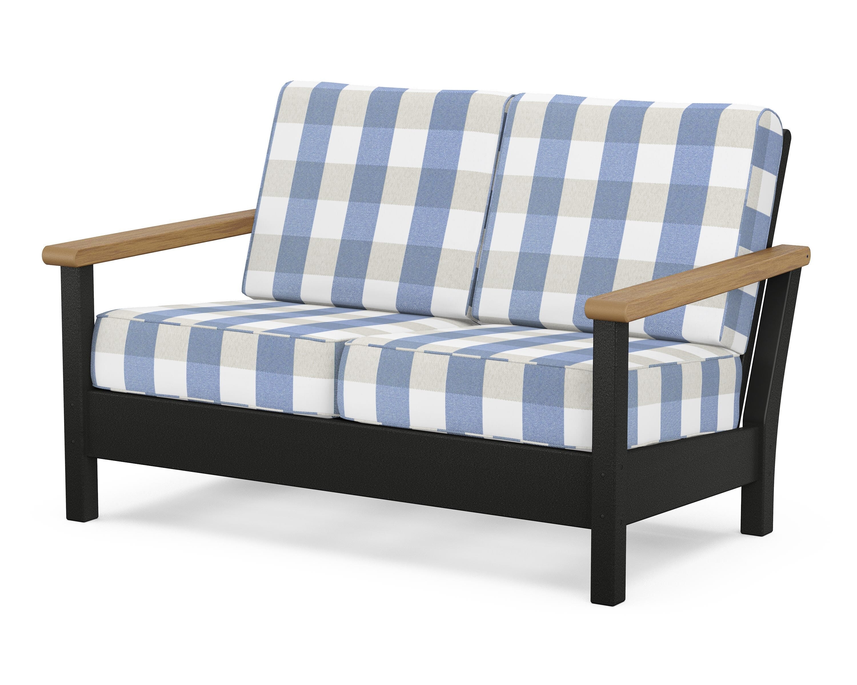 POLYWOOD® Harbour Deep Seating Loveseat in Black / Natural / Buffalo Plaid Sky Blue