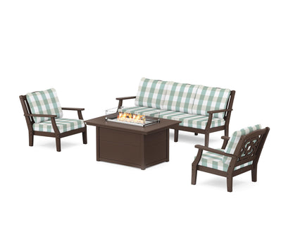 Martha Stewart by POLYWOOD® Chinoiserie Deep Seating Fire Pit Table Set in Mahogany / Buffalo Plaid Glacier Spa