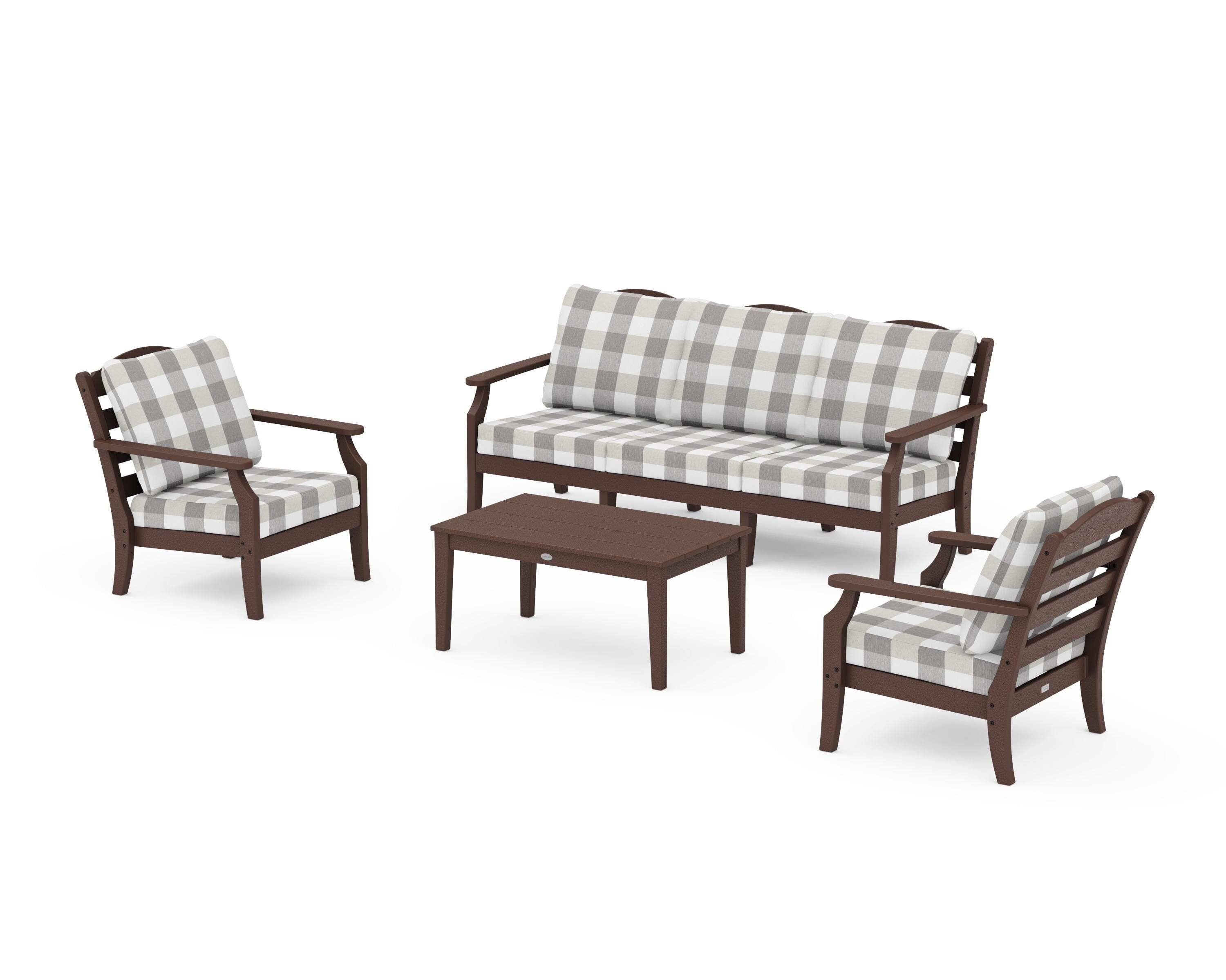 Draper James™ by  POLYWOOD® Savannah 4-Piece Deep Seating Set with Sofa in Mahogany / Buffalo Plaid Grey Mist