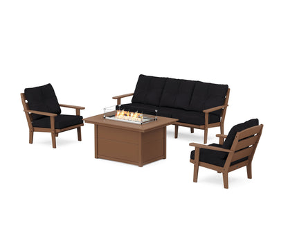 POLYWOOD® Lakeside Deep Seating Fire Pit Table Set in Teak / Midnight Linen