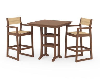 POLYWOOD® EDGE Sling Arm Chair 3-Piece Farmhouse Bar Set with Trestle Legs in Teak / Dupioni Apricot Sling