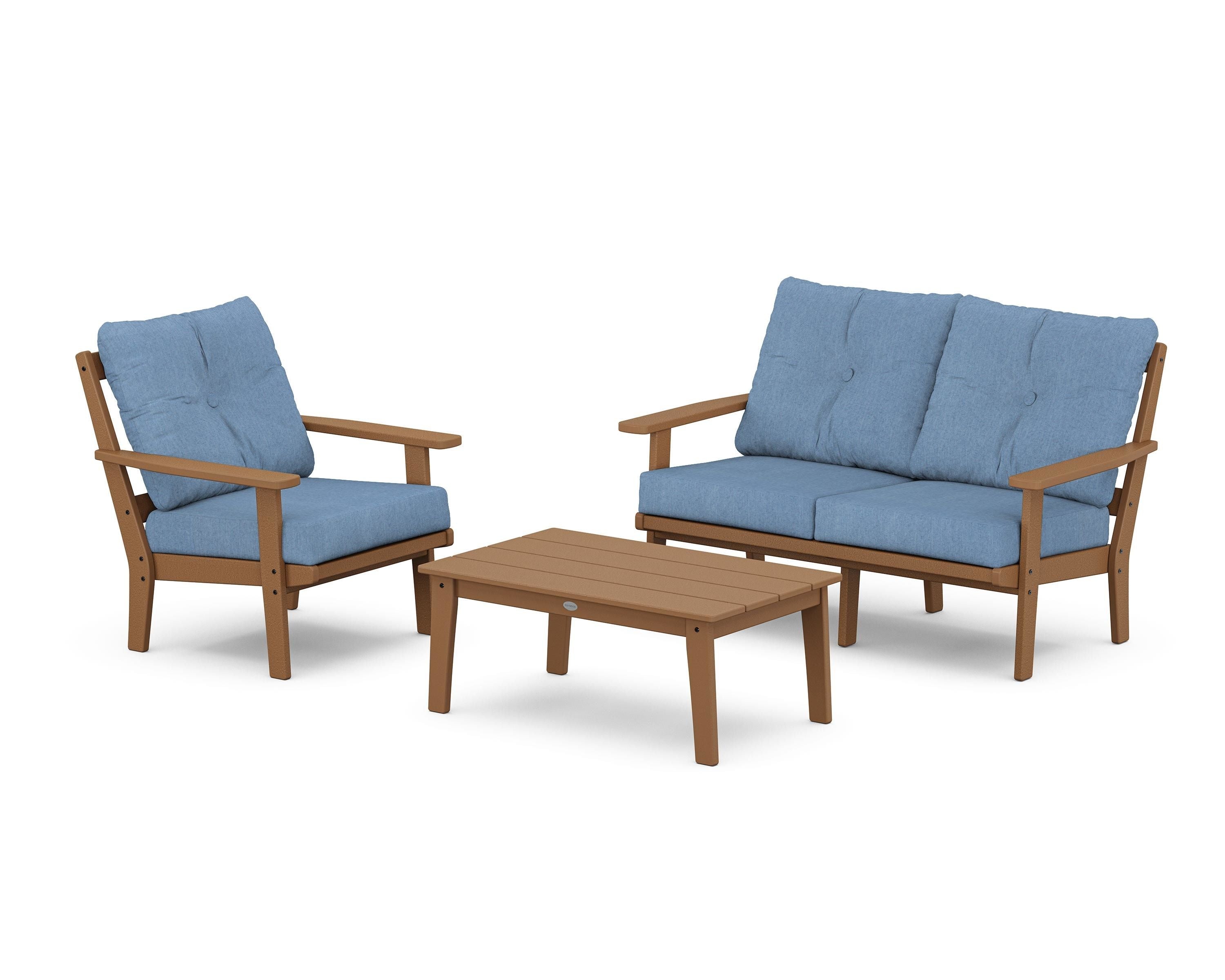 POLYWOOD® Oxford 3-Piece Deep Seating Set with Loveseat in Teak / Sky Blue