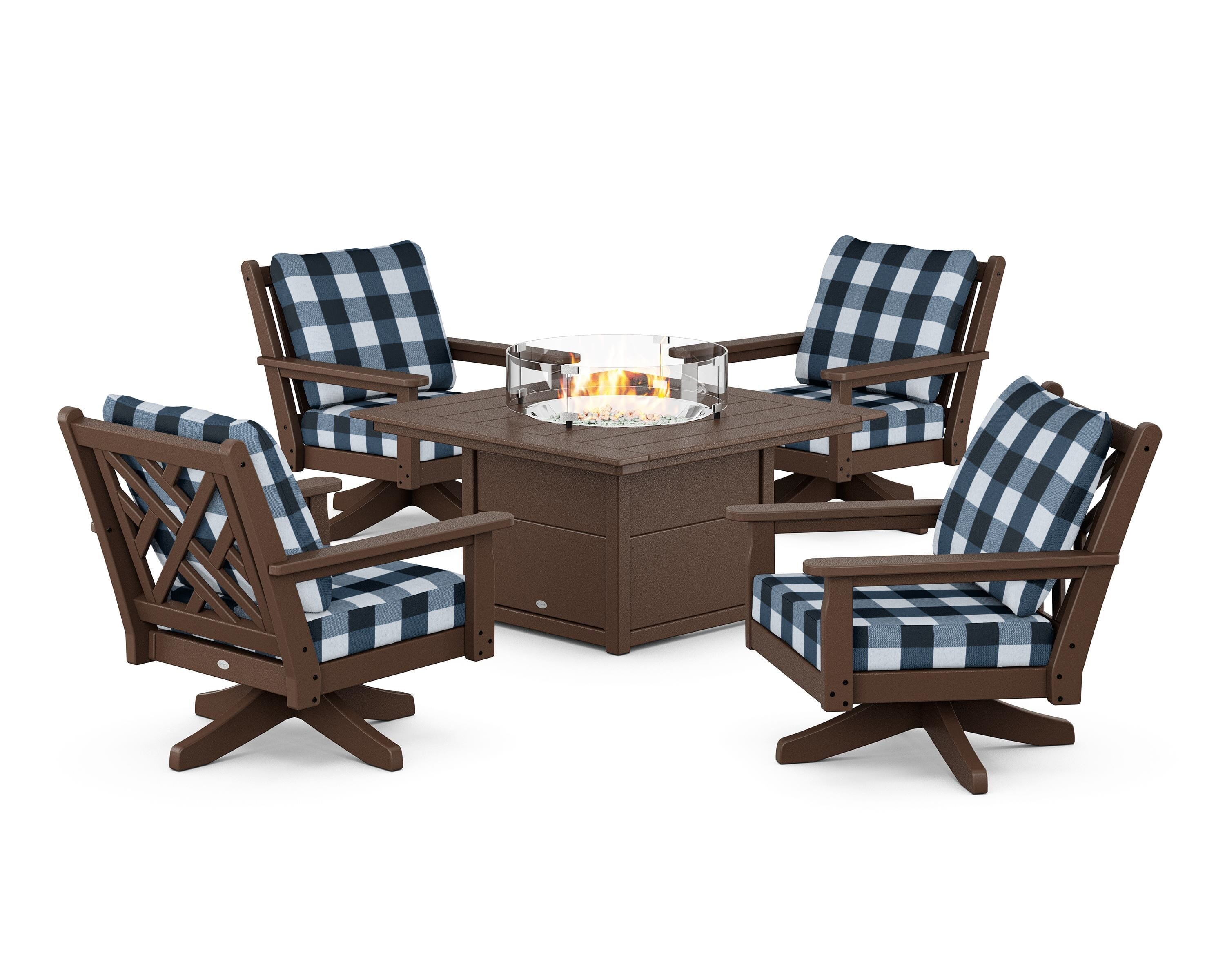 POLYWOOD® Chippendale 5-Piece Deep Seating Swivel Conversation Set with Fire Pit Table in Mahogany / Buffalo Plaid Marine Indigo