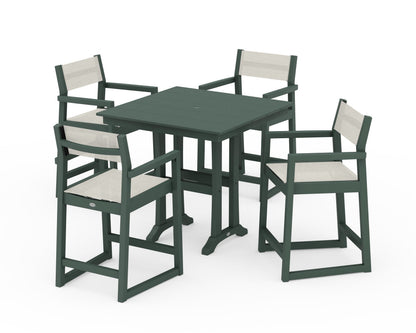 POLYWOOD® EDGE Sling Arm Chair 5-Piece Farmhouse Counter Set with Trestle Legs in Green / Parchment Sling