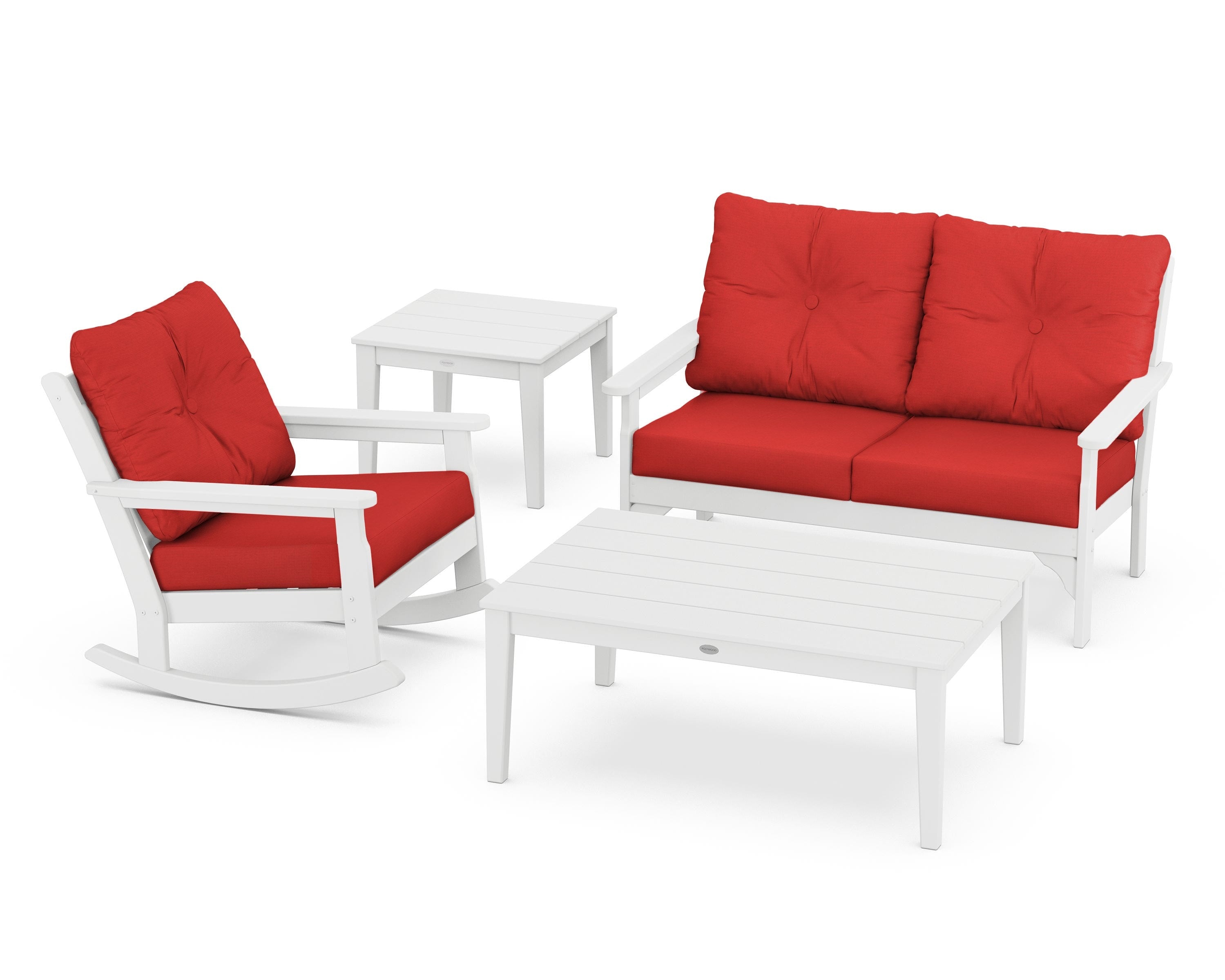 POLYWOOD® Vineyard 4-Piece Deep Seating Rocker Set in White / Crimson Linen