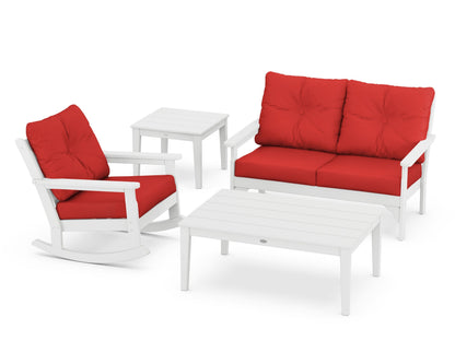 POLYWOOD® Vineyard 4-Piece Deep Seating Rocker Set in White / Crimson Linen