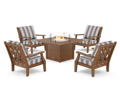 Country Living Wovendale 5-Piece Deep Seating Set with Fire Pit Table in Teak / Cabana Stripe Grey Mist