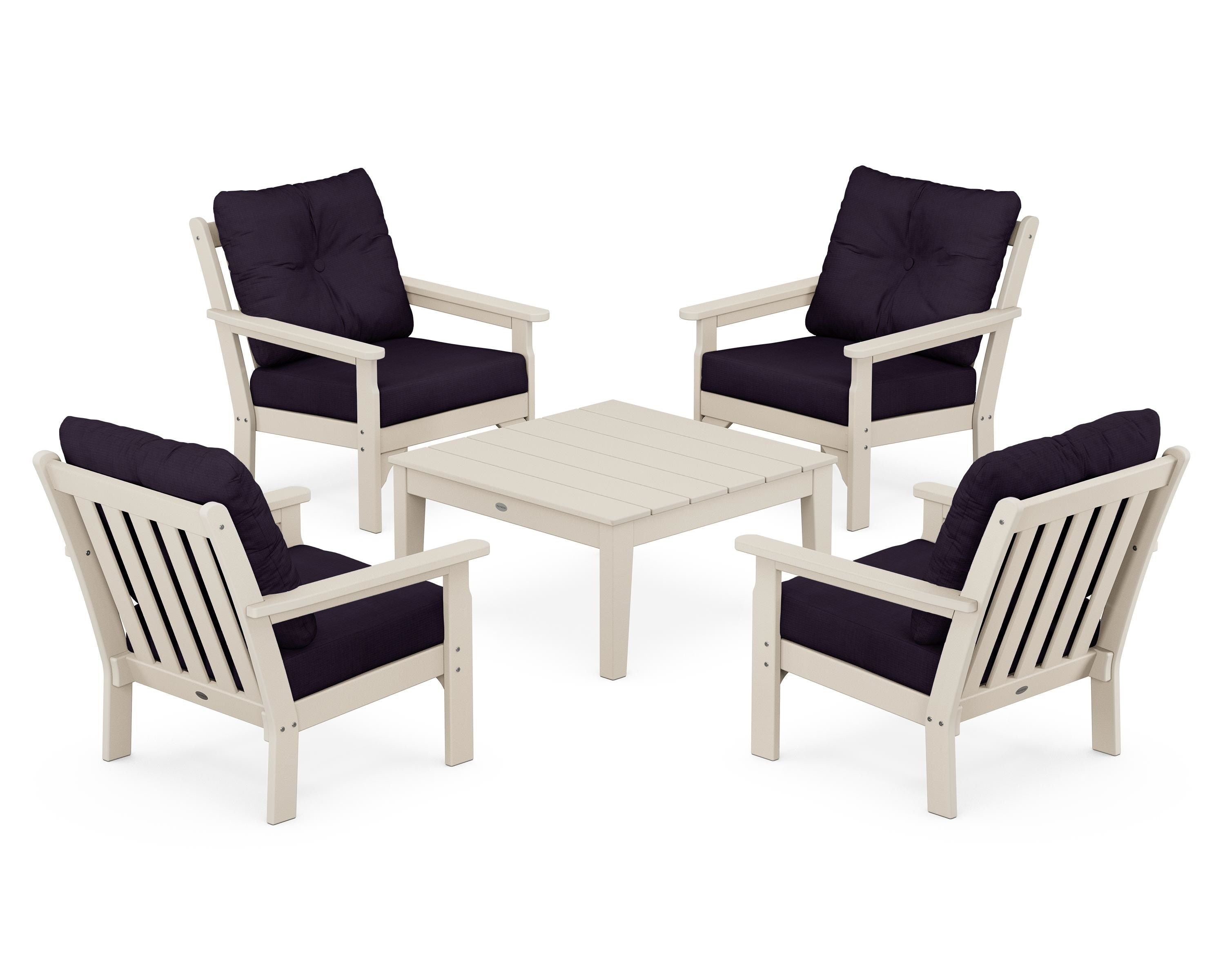 POLYWOOD® Vineyard 5-Piece Deep Seating Conversation Set in Sand / Navy Linen