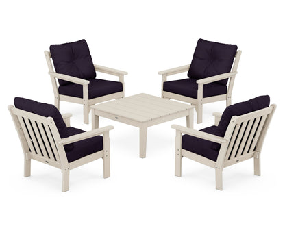 POLYWOOD® Vineyard 5-Piece Deep Seating Conversation Set in Sand / Navy Linen