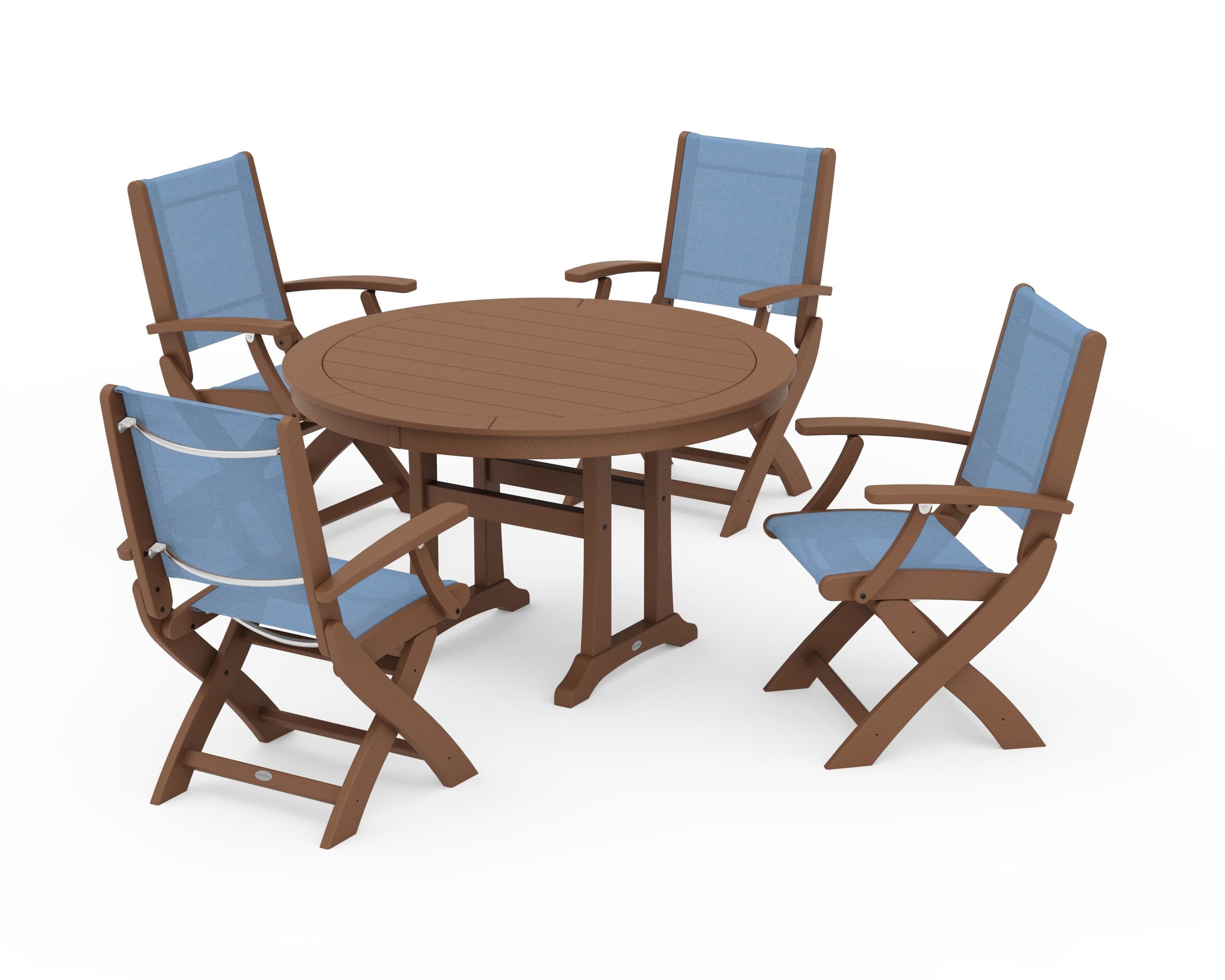 POLYWOOD® Coastal Folding Chair 5-Piece Round Dining Set with Trestle Legs in Teak / Poolside Sling