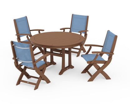 POLYWOOD® Coastal Folding Chair 5-Piece Round Dining Set with Trestle Legs in Teak / Poolside Sling