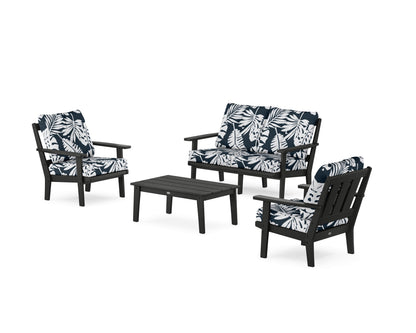 POLYWOOD® Oxford 4-Piece Deep Seating Set with Loveseat in Black / Leaf Marine Indigo