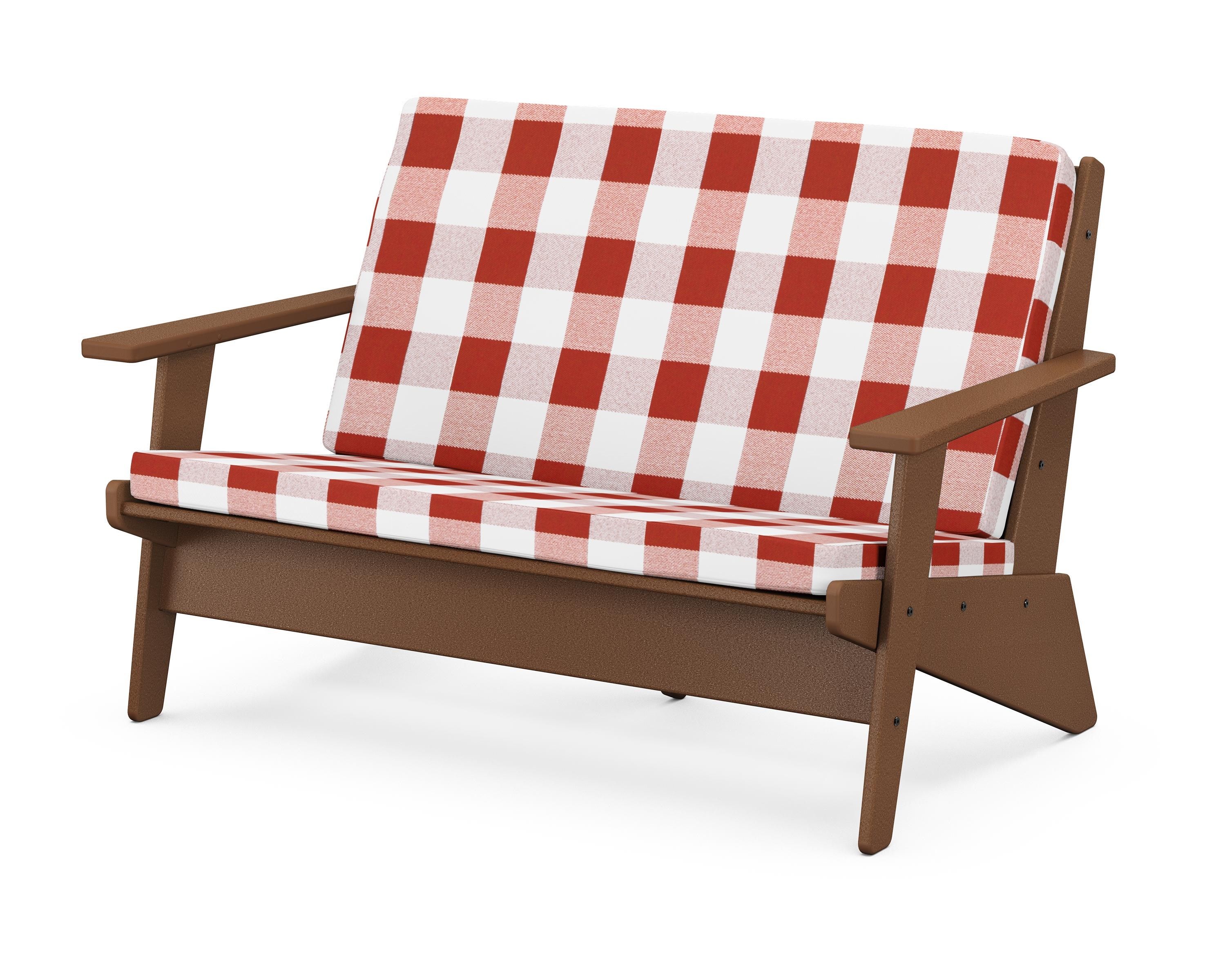 POLYWOOD® Riviera Modern Lounge Loveseat in Teak / Buffalo Plaid Crimson