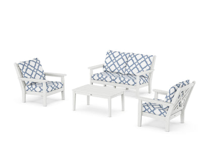 POLYWOOD® Chippendale 4-Piece Deep Seating Set with Loveseat in White / Trellis Sky Blue