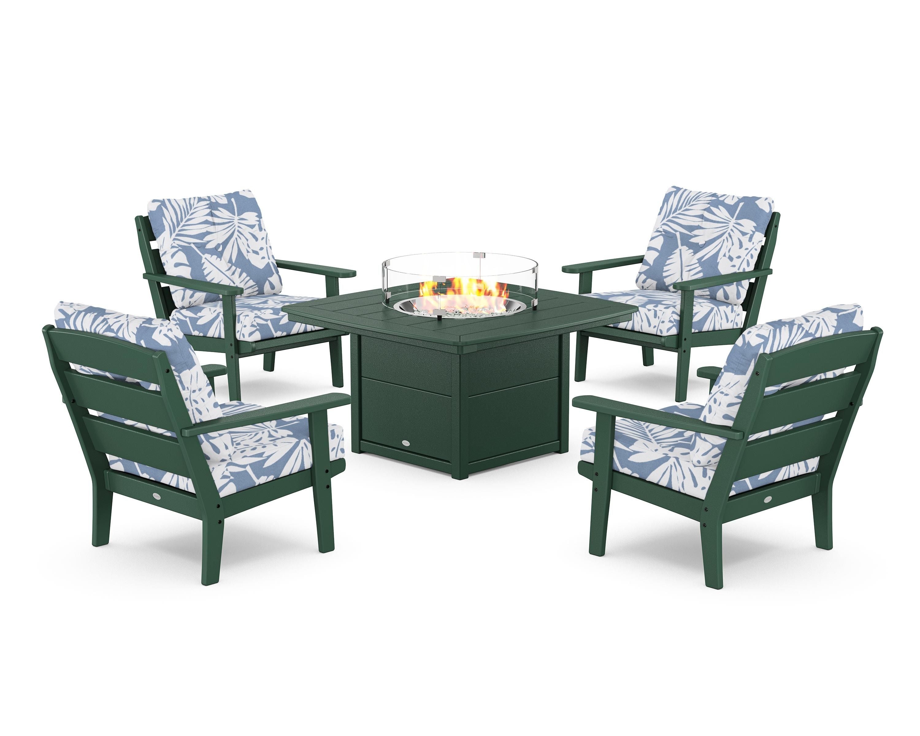 POLYWOOD® Lakeside 5-Piece Deep Seating Set with Nautical Fire Pit Table in Green / Leaf Sky Blue