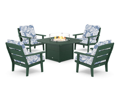 POLYWOOD® Lakeside 5-Piece Deep Seating Set with Nautical Fire Pit Table in Green / Leaf Sky Blue