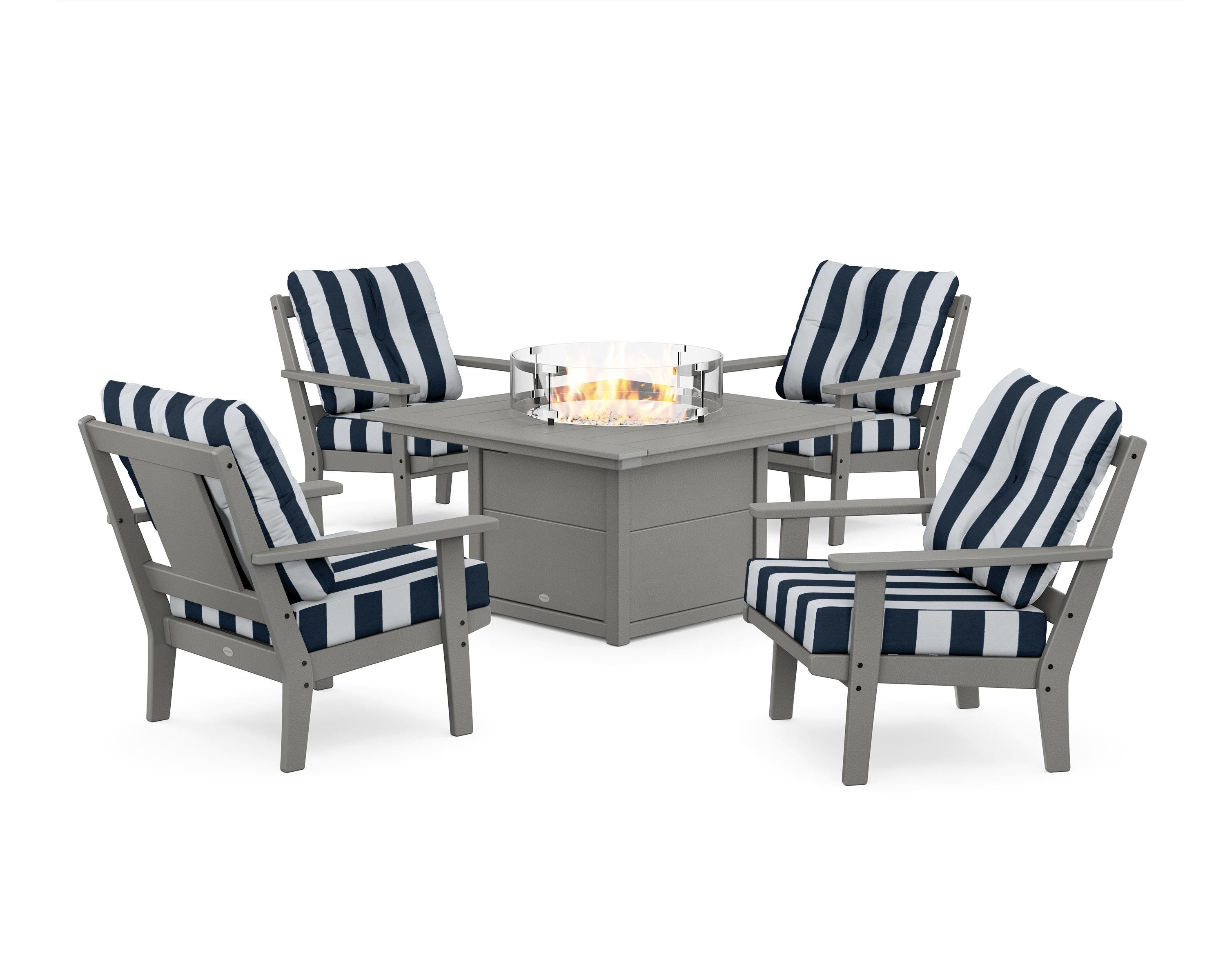 POLYWOOD® Prairie 5-Piece Deep Seating Set with Fire Pit Table in Slate Grey / Cabana Stripe Marine Indigo