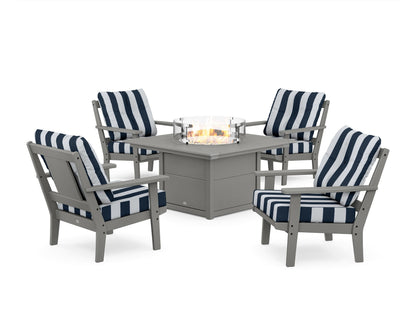 POLYWOOD® Prairie 5-Piece Deep Seating Set with Fire Pit Table in Slate Grey / Cabana Stripe Marine Indigo