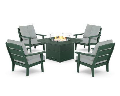 POLYWOOD® Lakeside 5-Piece Deep Seating Set with Nautical Fire Pit Table in Green / Spa