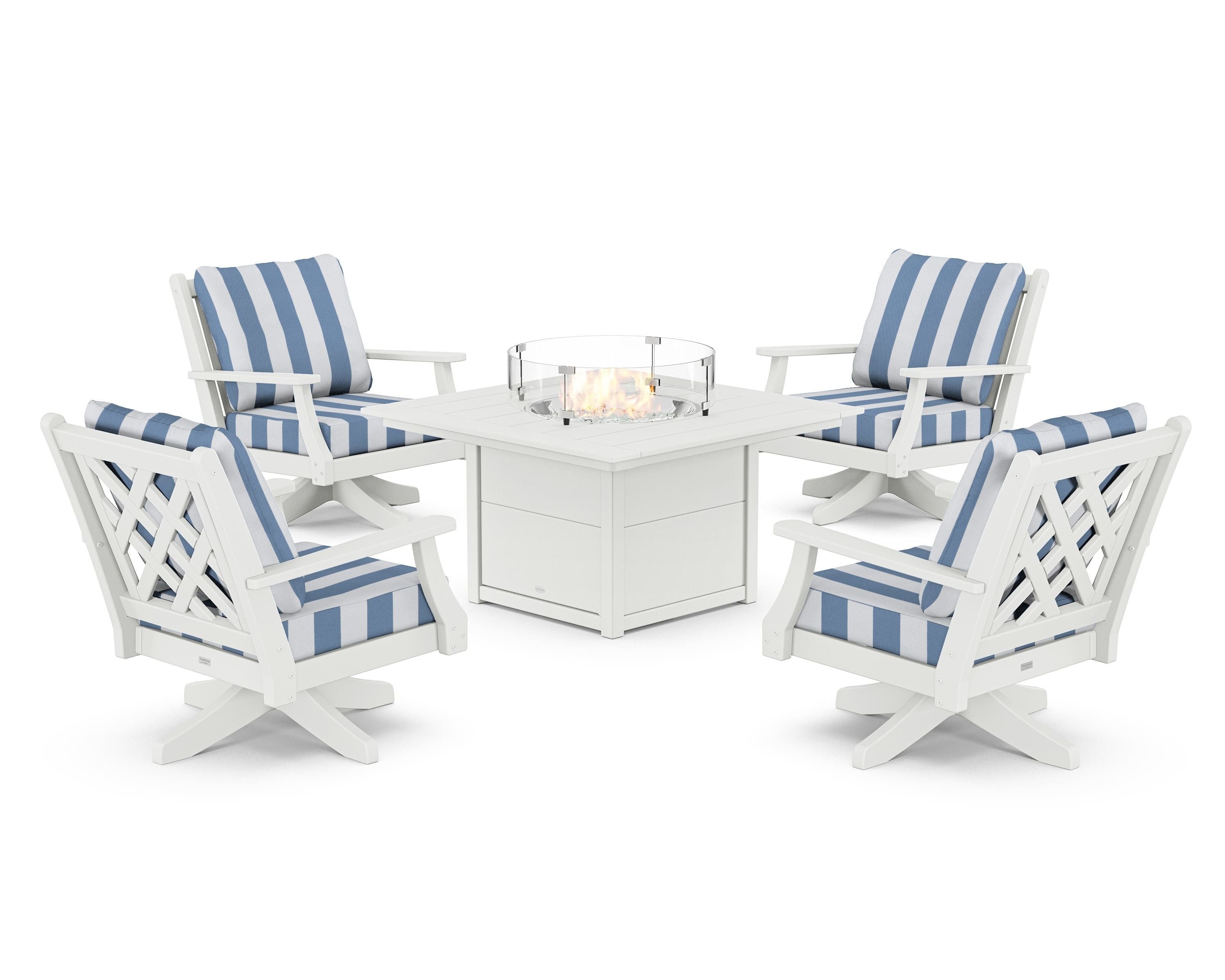 Country Living Wovendale 5-Piece Deep Seating Swivel Conversation Set with Fire Pit Table in White / Cabana Stripe Sky Blue