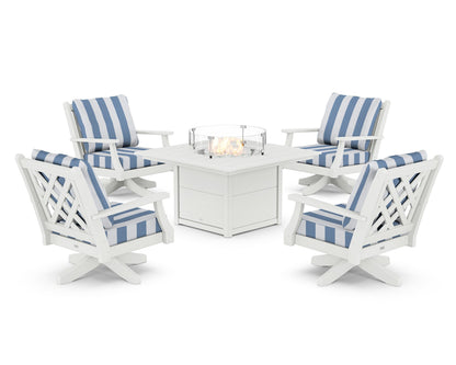Country Living Wovendale 5-Piece Deep Seating Swivel Conversation Set with Fire Pit Table in White / Cabana Stripe Sky Blue