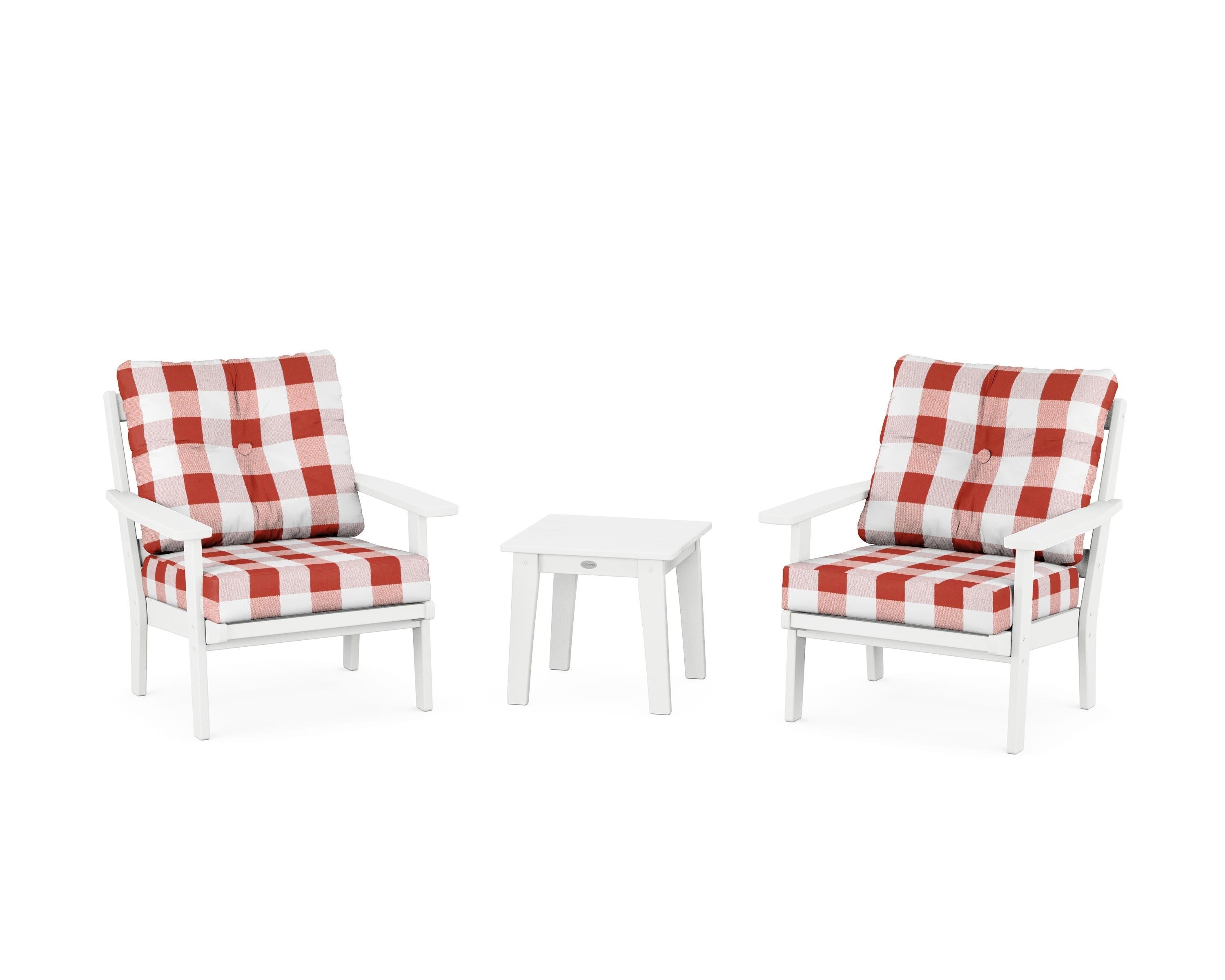 POLYWOOD® Prairie 3-Piece Deep Seating Set in White / Buffalo Plaid Crimson