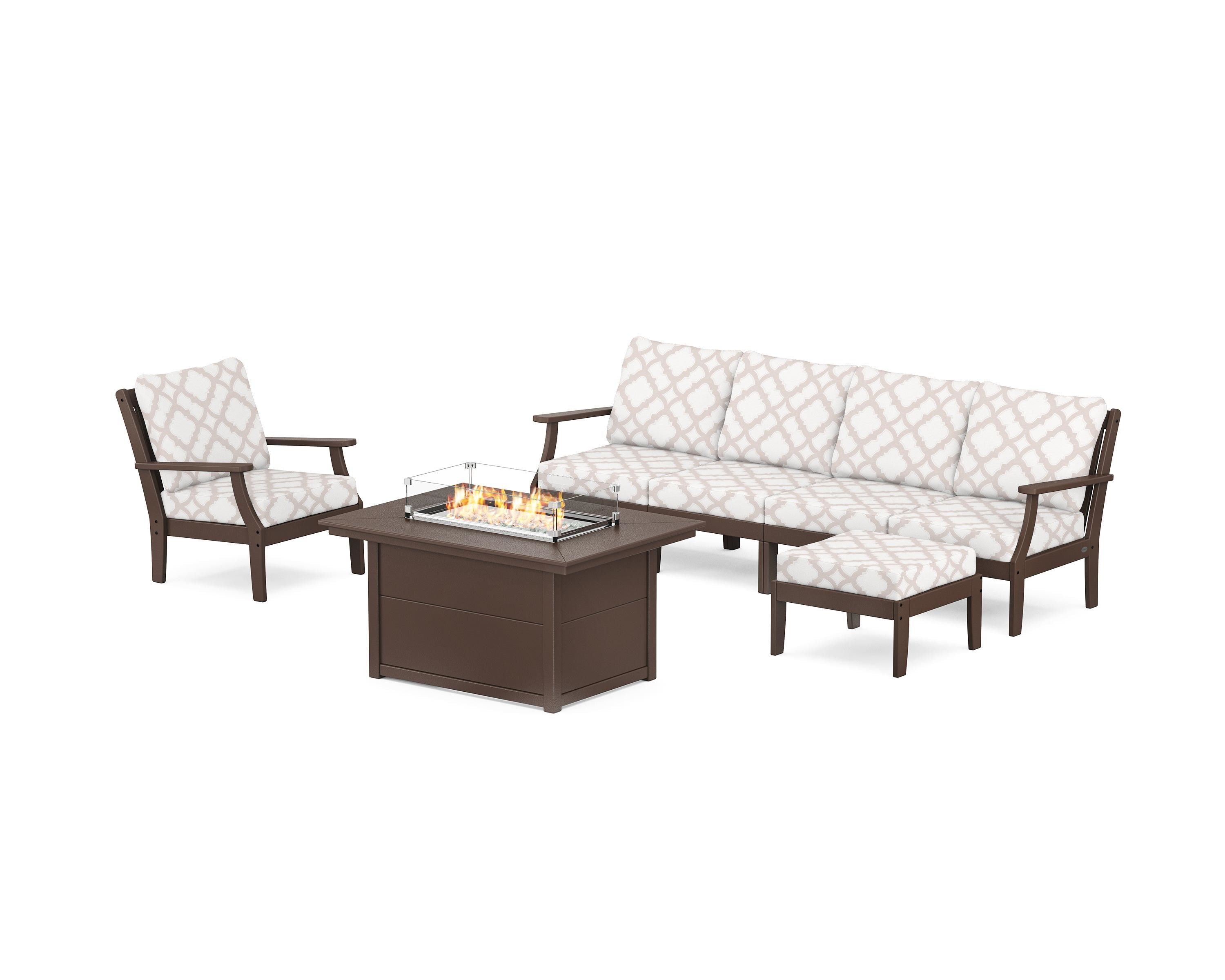 POLYWOOD® Braxton Sectional Lounge and Fire Pit Set in Mahogany / Trellis Dune Burlap