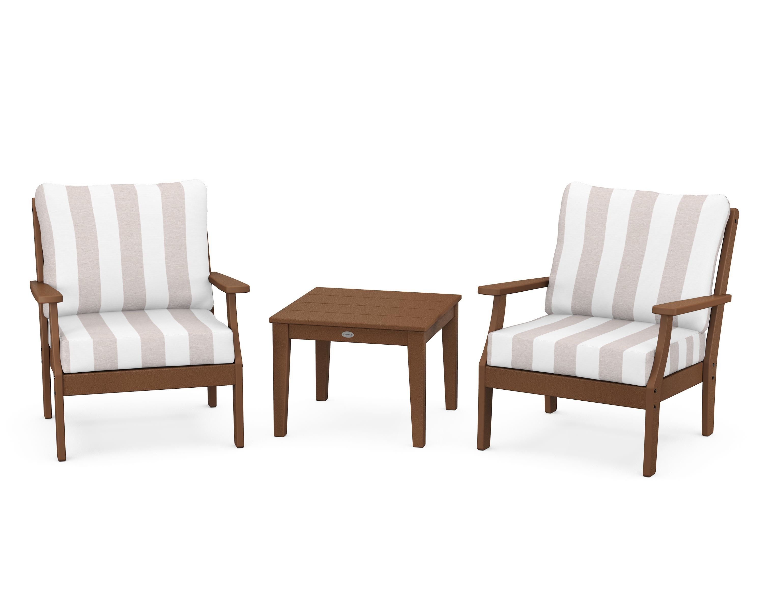 POLYWOOD® Braxton 3-Piece Deep Seating Set in Teak / Cabana Stripe Dune Burlap