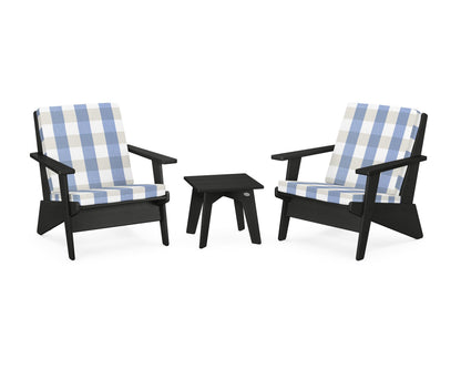 POLYWOOD® Riviera Modern Lounge 3-Piece Set in Black / Buffalo Plaid Sky Blue