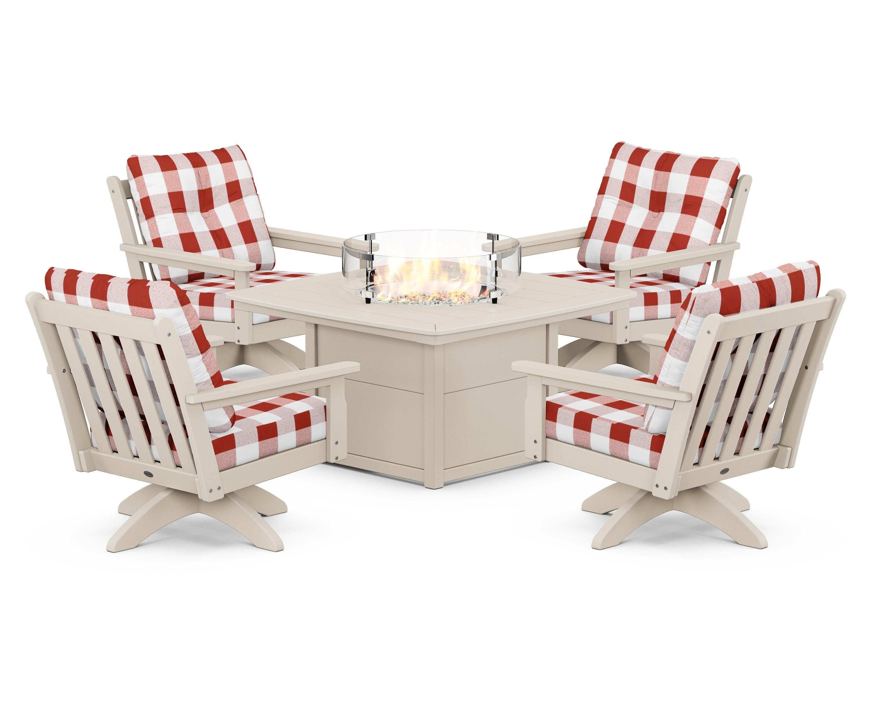 POLYWOOD® Vineyard 5-Piece Deep Seating Swivel Conversation Set with Fire Pit Table in Sand / Buffalo Plaid Crimson