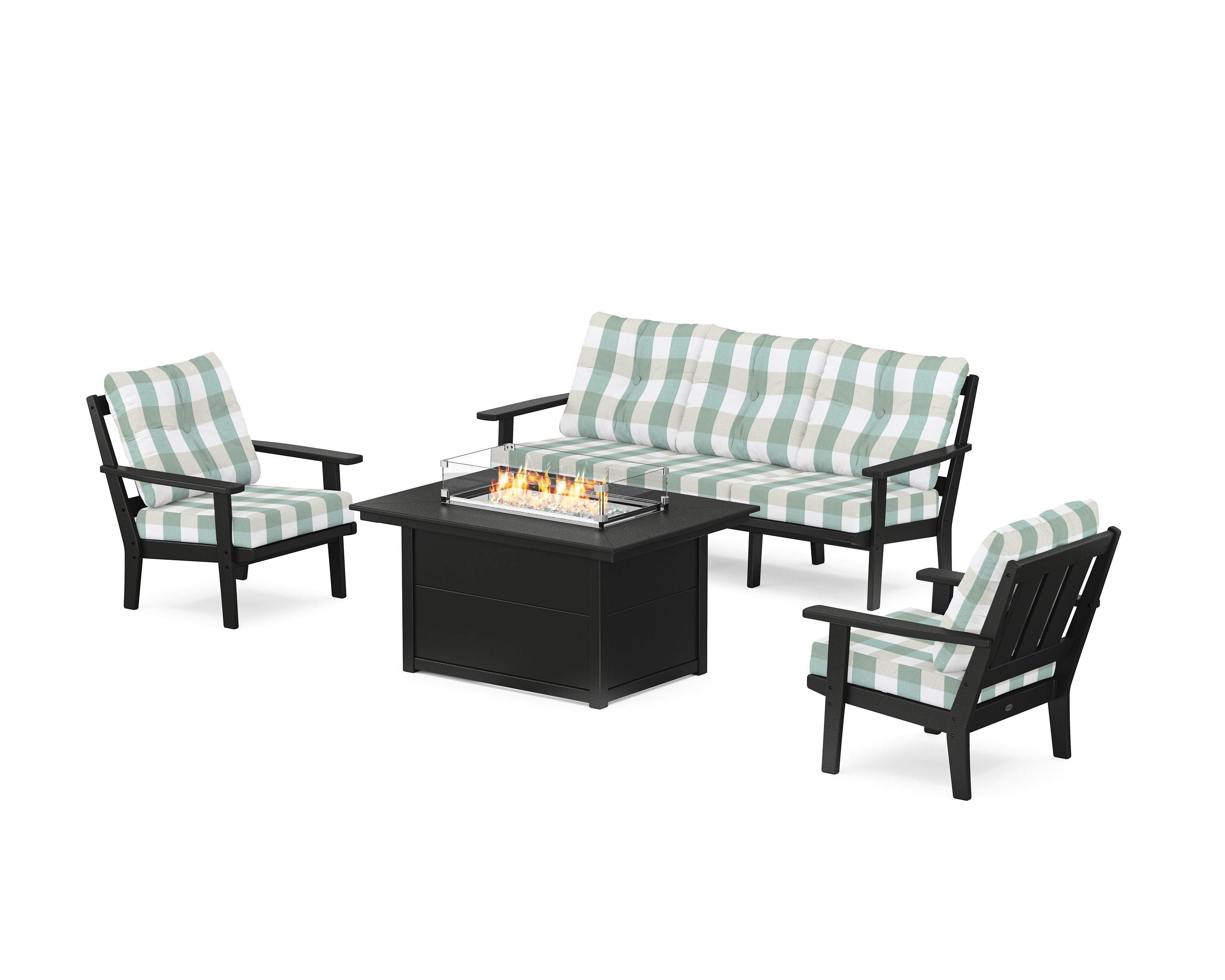 POLYWOOD® Oxford Deep Seating Fire Pit Table Set in Black / Buffalo Plaid Glacier Spa