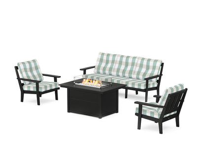 POLYWOOD® Oxford Deep Seating Fire Pit Table Set in Black / Buffalo Plaid Glacier Spa