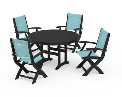 POLYWOOD® Coastal Folding Chair 5-Piece Round Dining Set in Black / Dupioni Aquamarine Sling