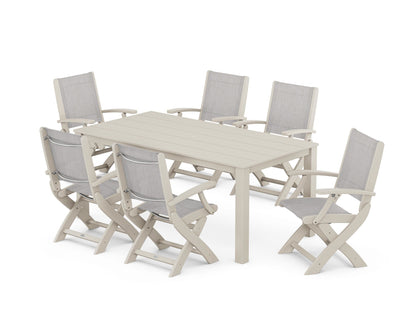 POLYWOOD® Coastal Folding Chair 7-Piece Parsons Dining Set in Sand / Parchment Sling