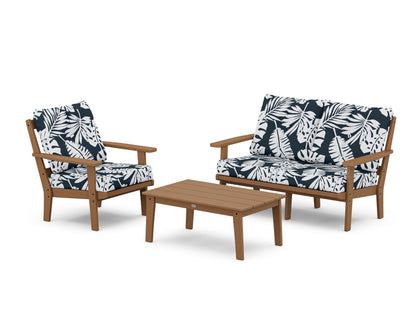 POLYWOOD® Oxford 3-Piece Deep Seating Set with Loveseat in Teak / Leaf Marine Indigo