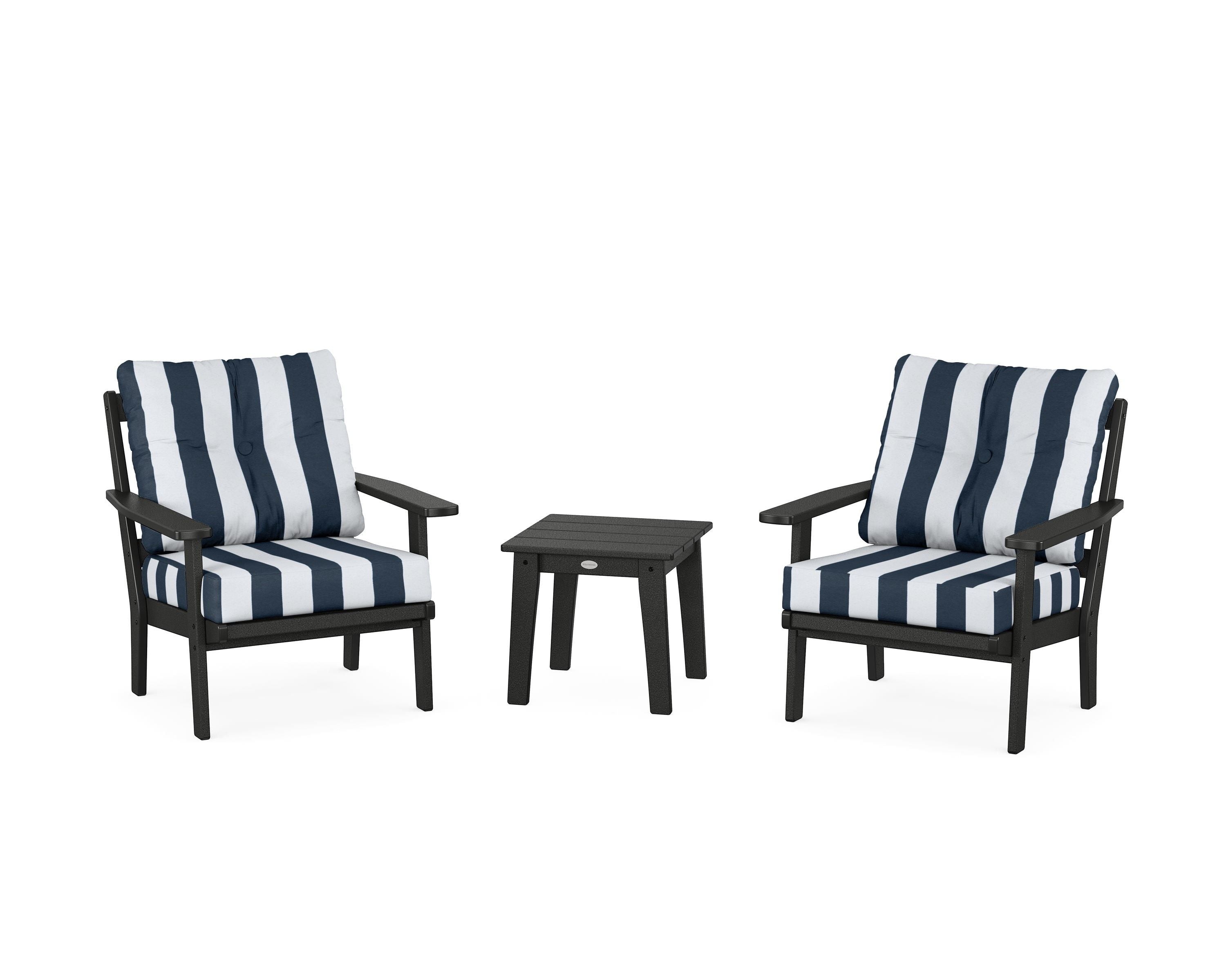 POLYWOOD® Oxford 3-Piece Deep Seating Set in Black / Cabana Stripe Marine Indigo
