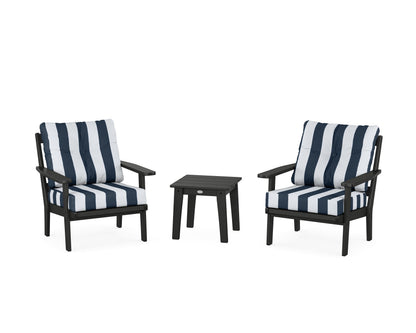 POLYWOOD® Oxford 3-Piece Deep Seating Set in Black / Cabana Stripe Marine Indigo