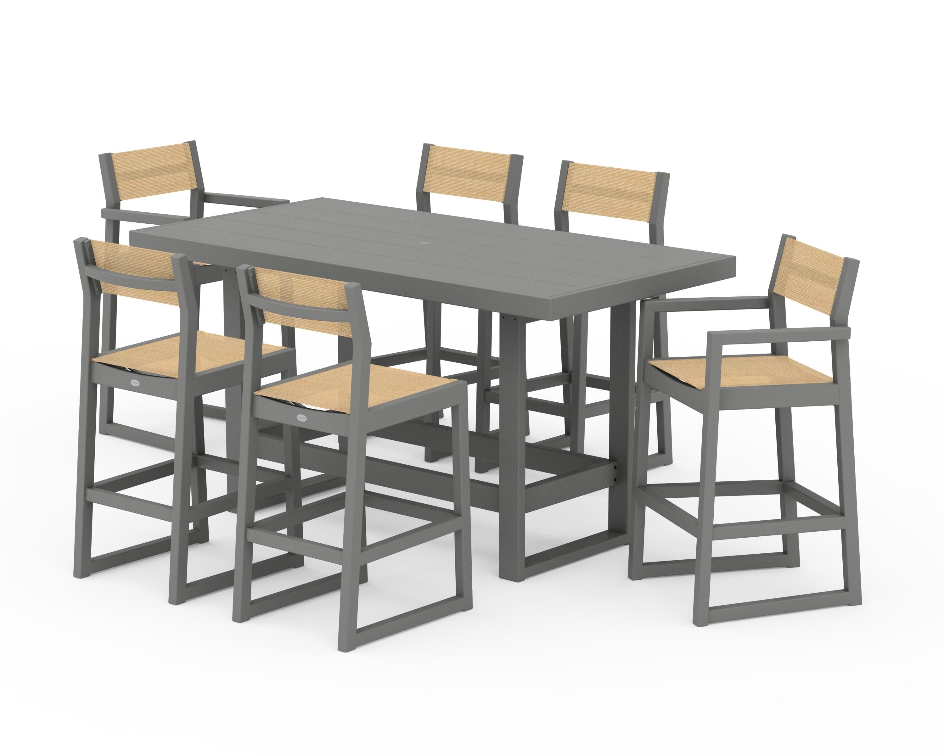 POLYWOOD® EDGE Sling 7-Piece Bar Table Set in Slate Grey / Dupioni Apricot Sling