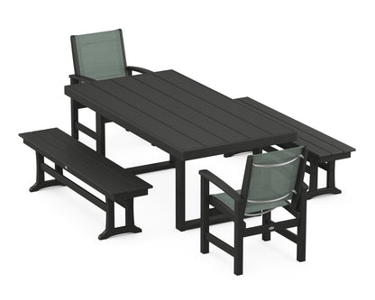 POLYWOOD® Coastal 5-Piece Dining Set with Trestle Legs in Black / Dupioni Sea Mist Sling