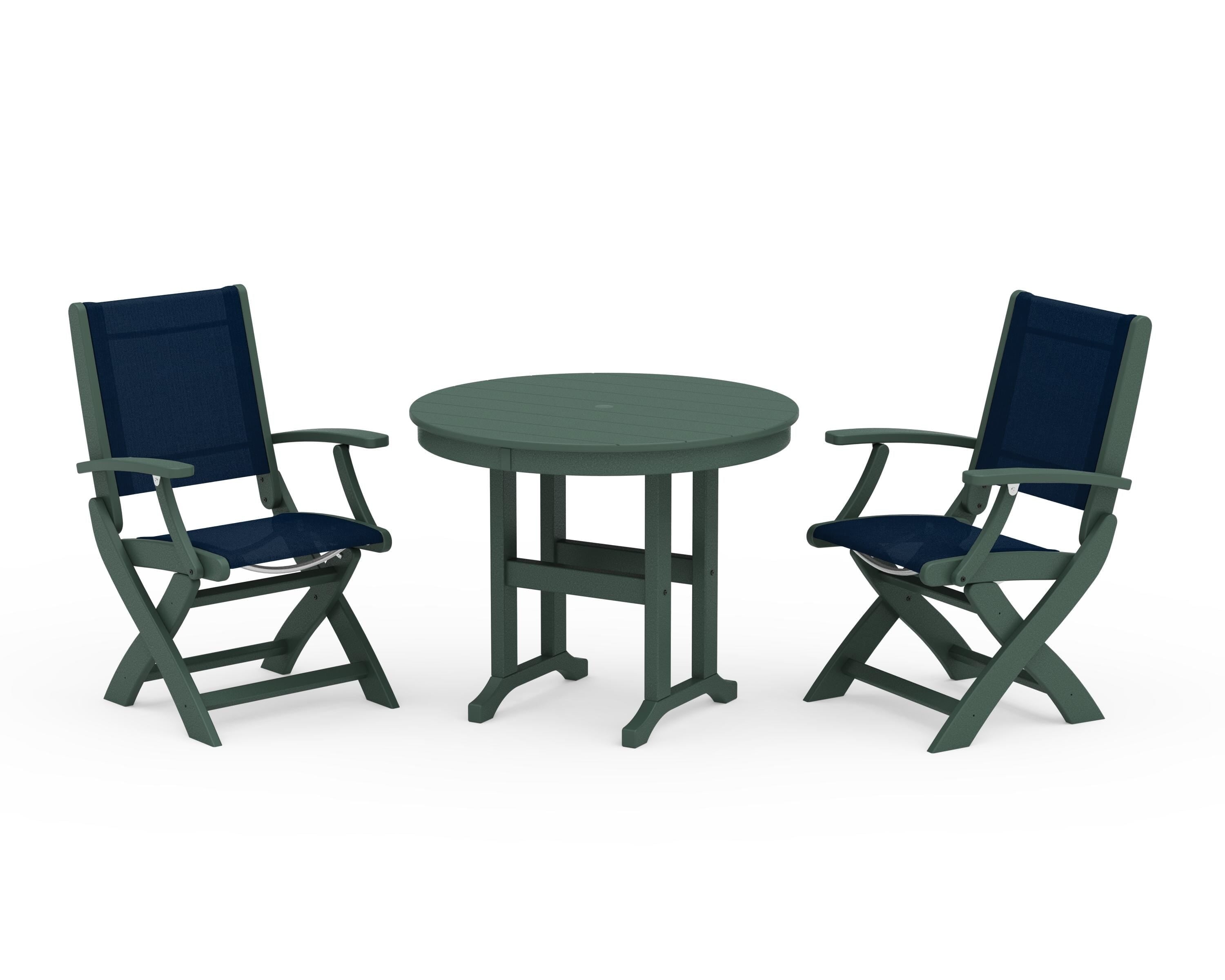 POLYWOOD® Coastal Folding Chair 3-Piece Round Dining Set in Green / Navy Blue Sling