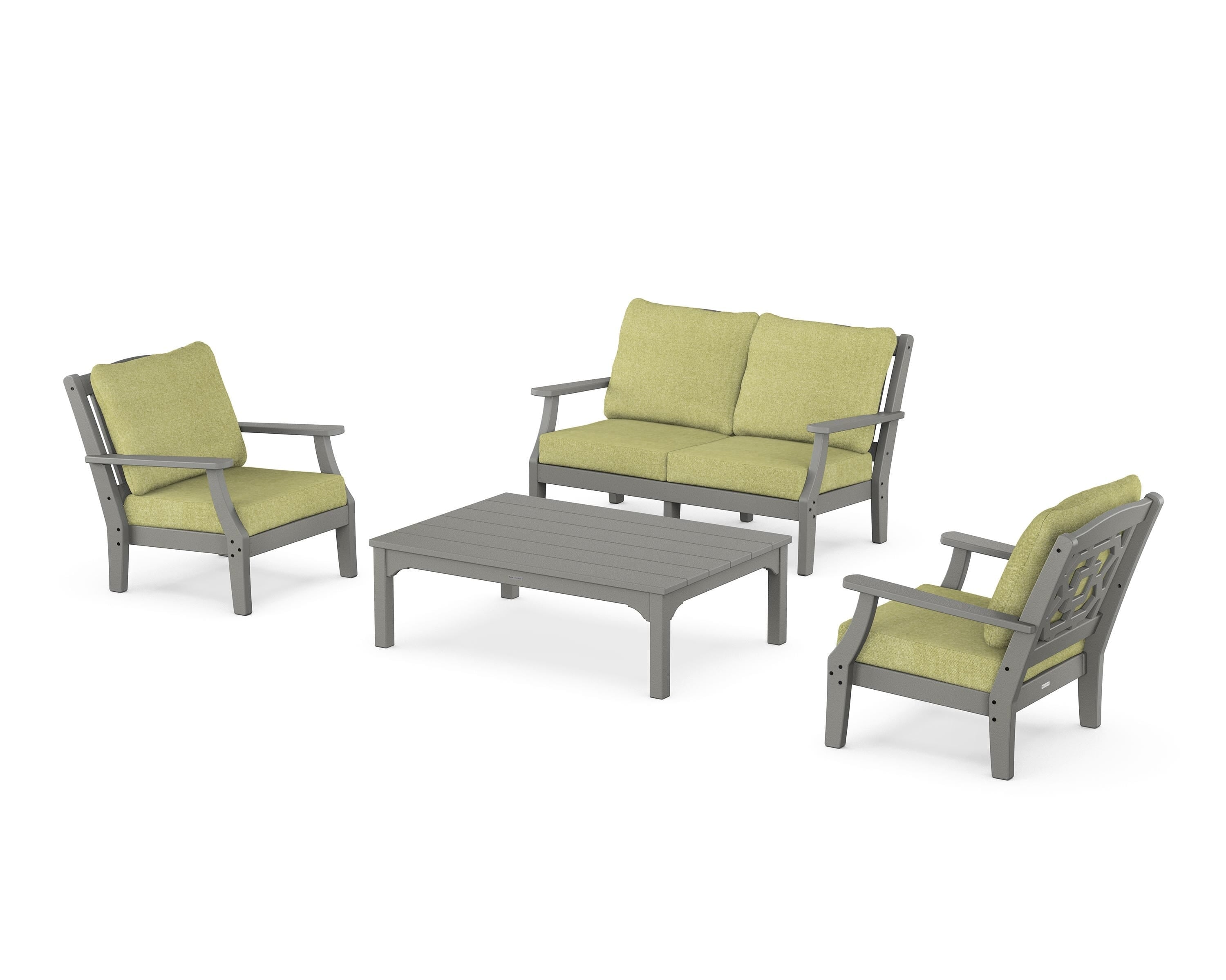Martha Stewart by POLYWOOD® Chinoiserie 4-Piece Deep Seating Set with Loveseat in Slate Grey / Chartreuse Boucle