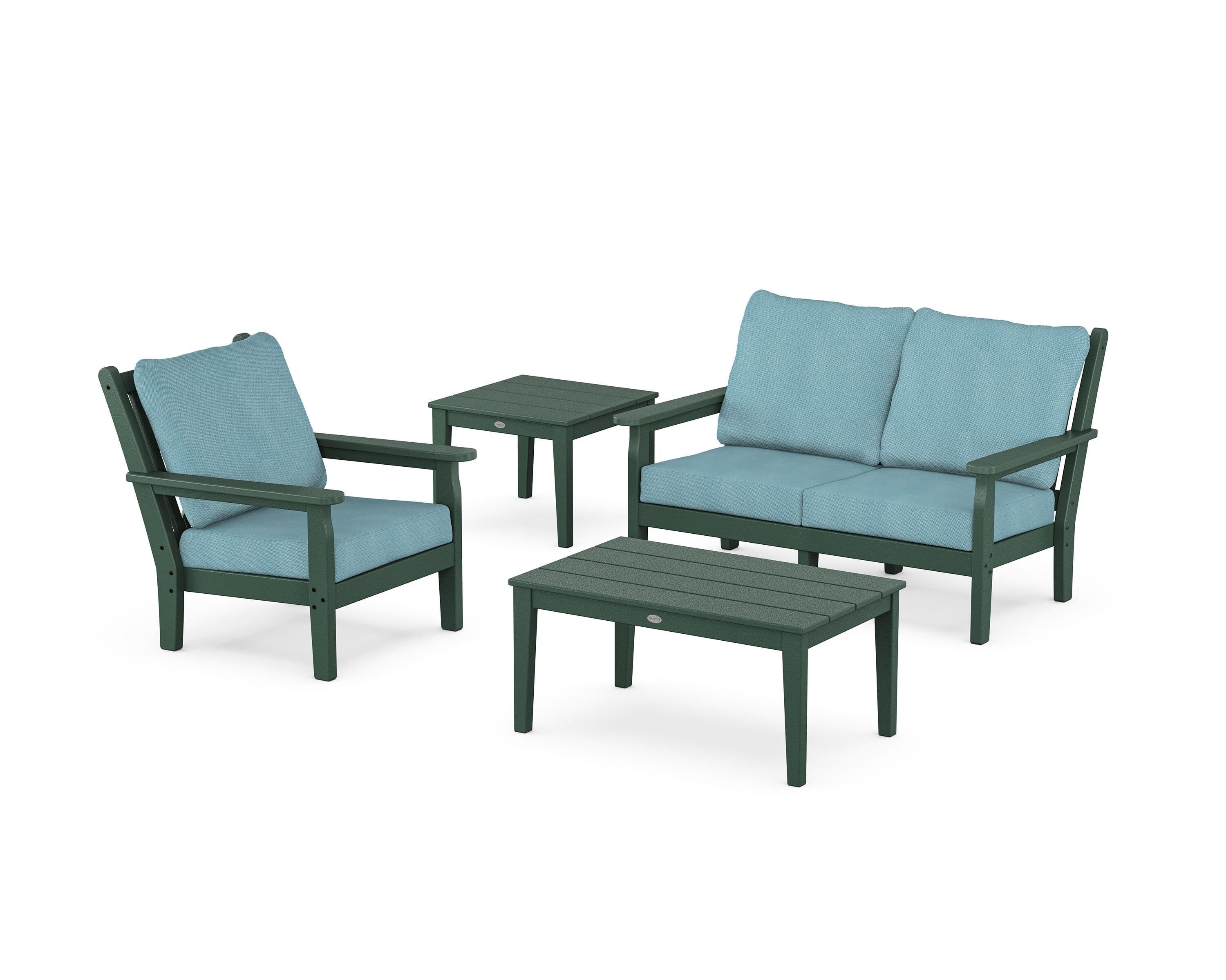 POLYWOOD® Chippendale 4-Piece Deep Seating Set in Green / Lattice Sky Blue