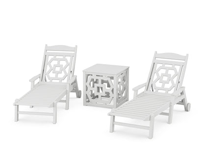 Martha Stewart by POLYWOOD® Chinoiserie 3-Piece Chaise Set with Umbrella Stand Accent Table in White