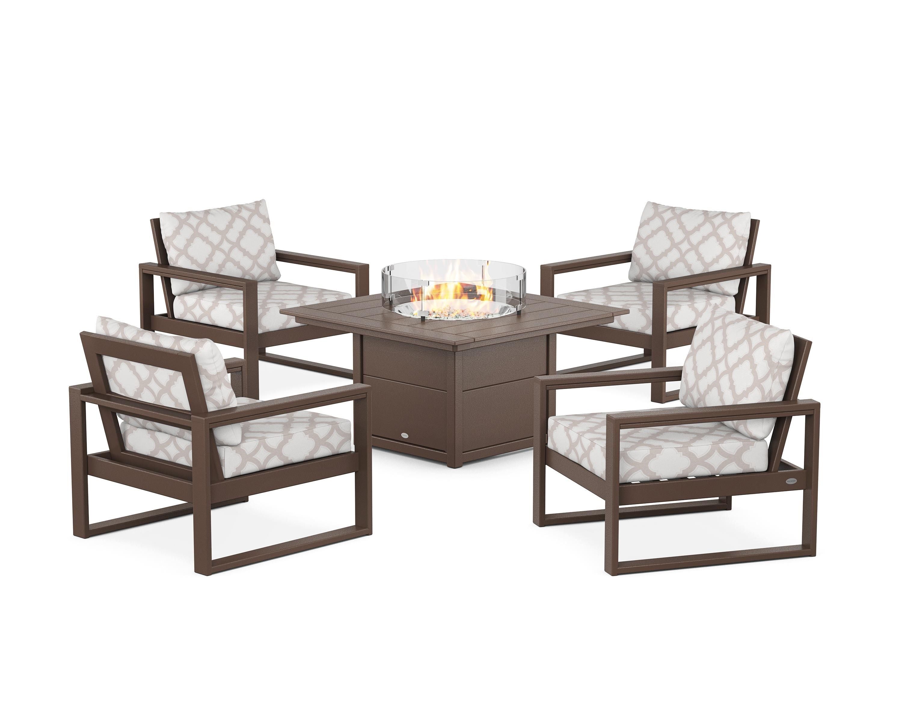 POLYWOOD® EDGE Sectional 5-Piece Deep Seating Set with Fire Pit Table in Mahogany / Trellis Dune Burlap