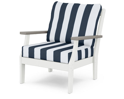 POLYWOOD® Braxton Deep Seating Chair in White / Driftwood / Cabana Stripe Marine Indigo