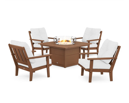 POLYWOOD® Oxford 5-Piece Deep Seating Set with Fire Pit Table in Teak / Natural